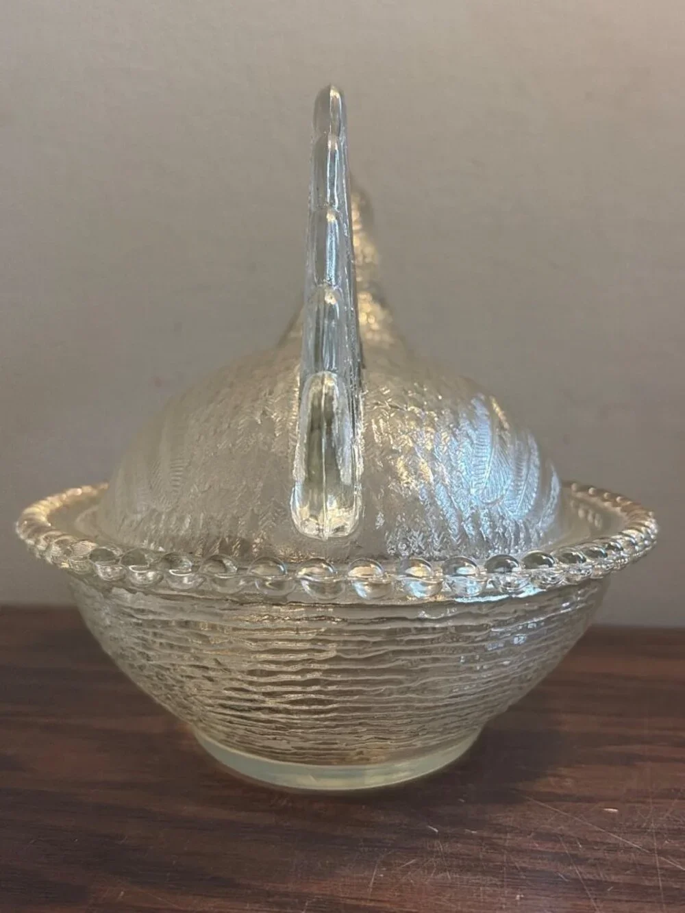 Vintage Indiana Glass Hen On Nest Covered Dish Beaded Edge - Decorative Clear